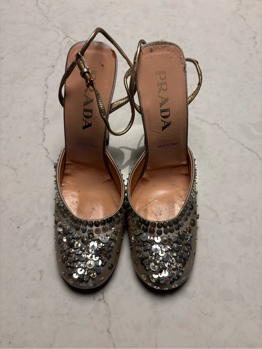 Prada Gold Sequin & Rhinestone Slingback Heels